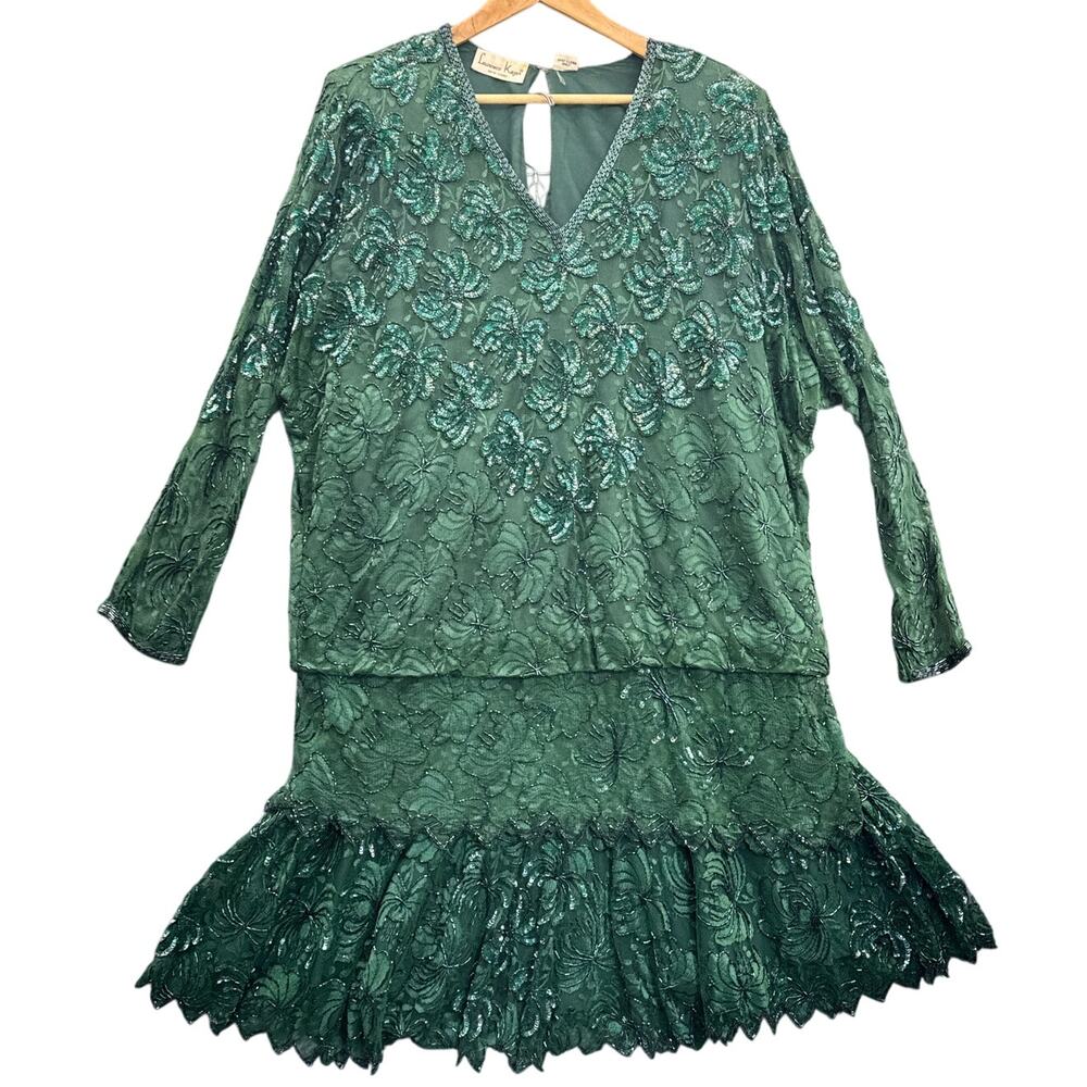 Laurence Kazar New York Vintage Emerald Green Beaded Formal Skirt Set Women L
